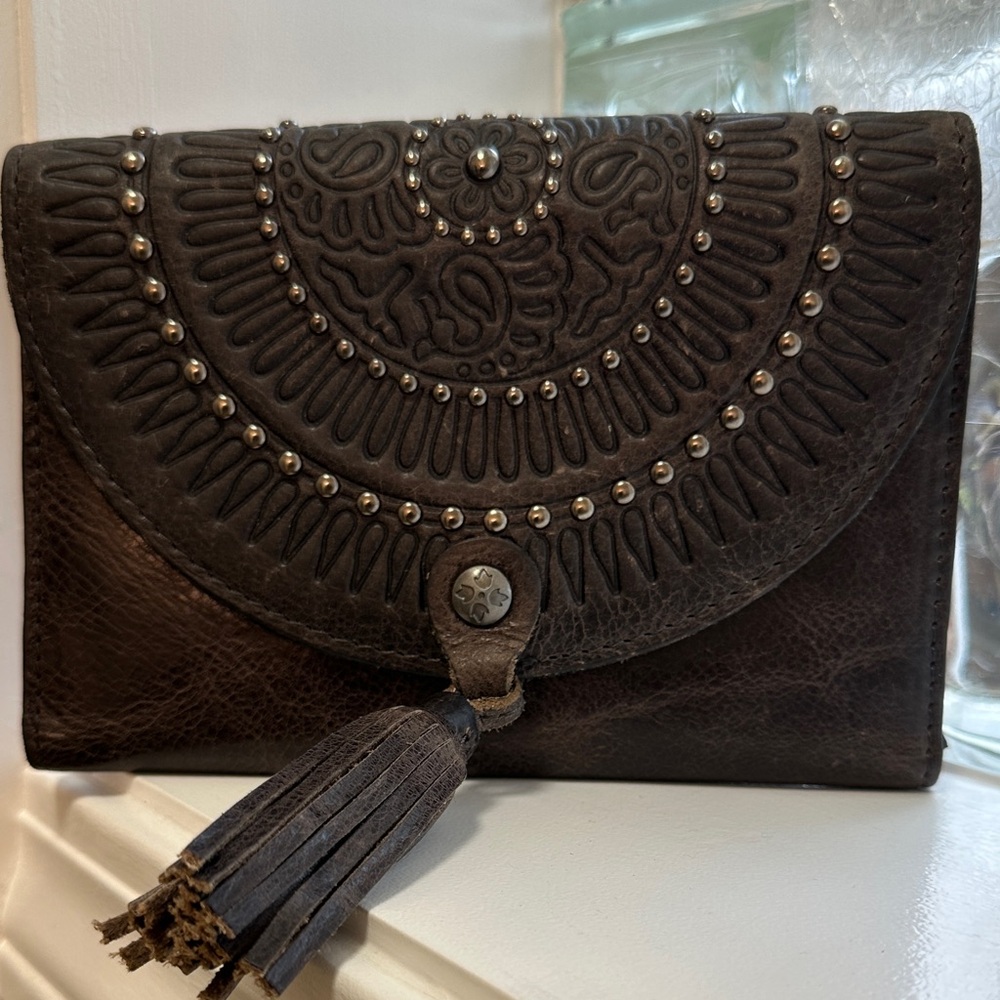 Patricia Nash Dark Brown Leather Clutch with Tassel